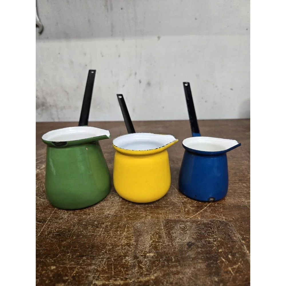 Vintage Enamelware Pouring Pots Set of 3 Green Yellow Blue Long Handle